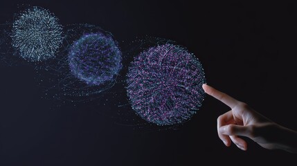 Poster - A hand touches a glowing, digital sphere connected to two similar spheres, symbolizing data, technology, or futuristic interaction on a dark background, virtual 3D dashboard with AI
