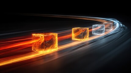 Poster - Glowing orange and transparent cubes move along a dynamic, winding path with light trails on a dark background, virtual 3D dashboard with AI
