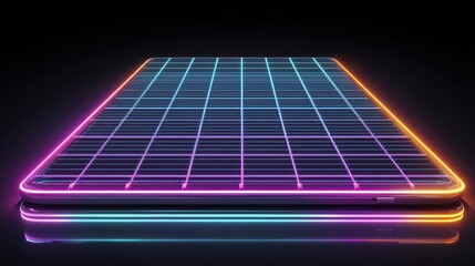 Poster - A glowing neon grid platform with a futuristic, digital appearance, set against a dark background, virtual 3D dashboard with AI