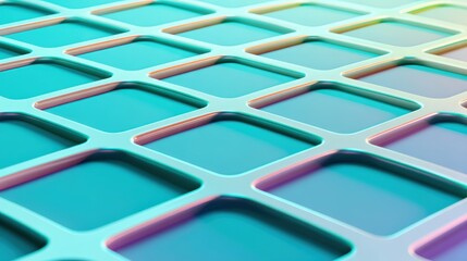 Poster - Close-up of a futuristic, glossy grid pattern with rounded square cells in shades of blue and teal, reflecting light with a smooth, modern finish, virtual 3D dashboard with AI