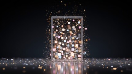 Poster - A digital tablet with glowing app icons floating above its screen amid sparkling particles on a dark reflective surface, virtual 3D dashboard with AI