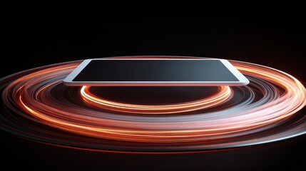 Poster - A sleek tablet floats above swirling rings of dynamic red and orange light trails on a black background, symbolizing digital innovation and futuristic technology, virtual 3D dashboard with AI