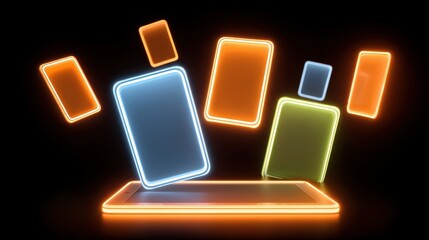 Poster - Neon glowing cards hover above a digital tablet on a black background, symbolizing digital technology and virtual interaction, virtual 3D dashboard with AI