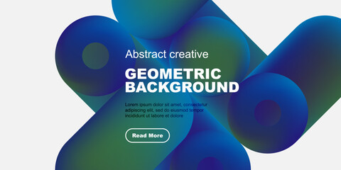 Fototapete - Abstract fluid shapes, vibrant colors, geometric design. Text overlay includes geometric background, plus sample text, button. Modern aesthetic.