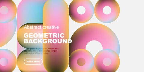 Poster - Vibrant overlapping circles create abstract geometric background. Text present, button visible. Modern design elements dominate composition.