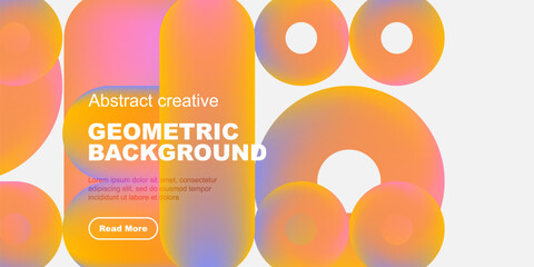 Poster - Vibrant geometric shapes overlap, creating colorful abstract background. Text promotes further exploration. Modern design elements present.