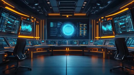 Poster - Futuristic Control Room with Advanced Technology and Screens Displaying Data Analytics and Graphs 4k video footage