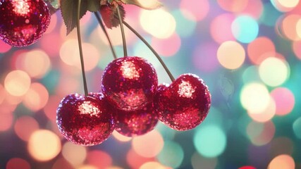 Poster - Sparkling Red Ornaments Hanging with Colorful Bokeh Background for Festive Celebrations and Holiday Decor 4k video footage
