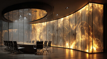 Poster - Futuristic boardroom with glowing golden world map panels and modern black chairs creating high tech strategy session