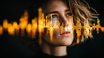Poster - Young woman with short hair looking thoughtfully with golden digital soundwave overlay glowing in dark background