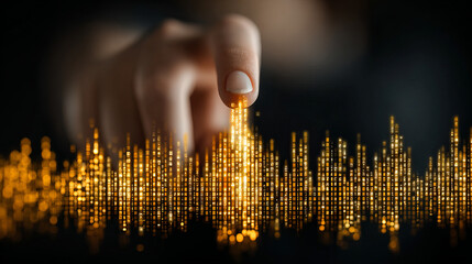 Poster - Finger touching glowing golden digital data visualization with financial code and futuristic interface