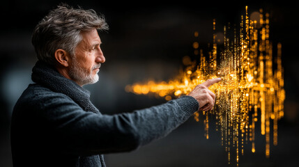 Poster - Man pointing at glowing golden digital data projection, showing futuristic technology and innovation with focused expression