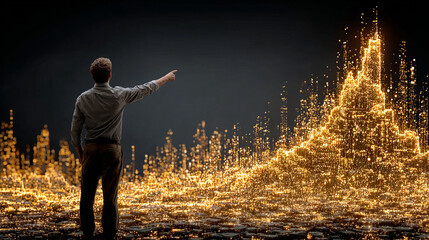 Aufkleber - Businessman pointing at glowing golden digital graph showing company growth and success in dark background