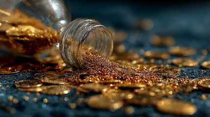 Poster - Golden glitter spilling from glass jar with scattered gold coins on dark surface creating sparkling and rich atmosphere