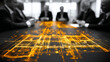 © thien - Group of executives planning project around glowing golden blueprint table in modern office with blurred background