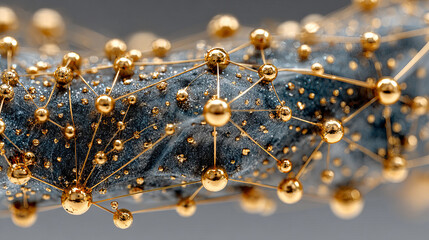 Poster - Golden spheres connected by thin wires form complex network on textured dark surface, creating intricate and elegant pattern