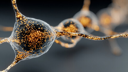 Aufkleber - Neural cell with glowing golden particles inside and extending branches in dark background, scientific and futuristic concept