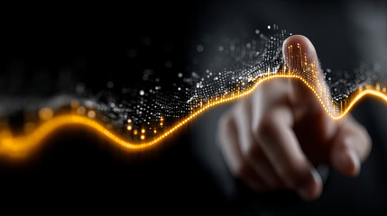 Poster - Hand pointing at glowing golden trend line with digital data points, symbolizing analysis and futuristic technology interaction