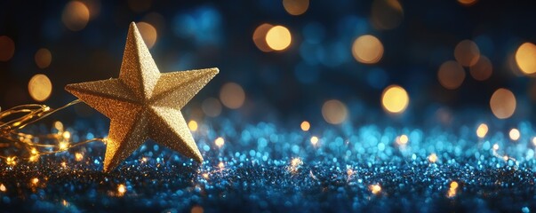 Gold star ornament on a bed of blue glitter with bokeh lights