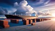 © Mst - Cargo Ship and Shipping Containers at Dock for Global Trade and Logistics Under Dramatic Cloudy Sky