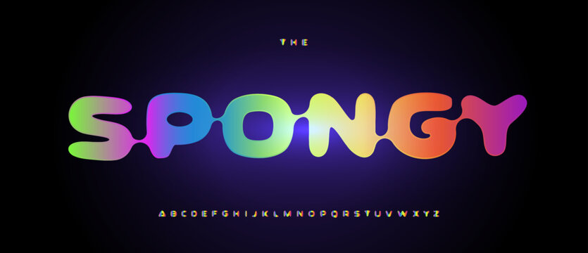 Spongy glossy neon font fluid letters, opalescent gradient alphabet, psychedelic shiny typeface, colorful branding typography, modern typographic design. Vector typeset.
