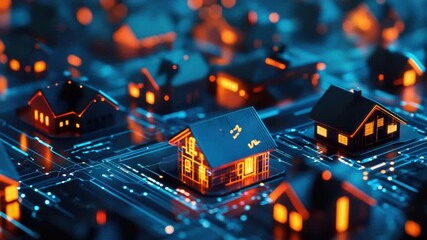 Poster - Futuristic Digital Neighborhood with Illuminated Homes and Circuit Patterns in Vibrant Colors 4k video footage