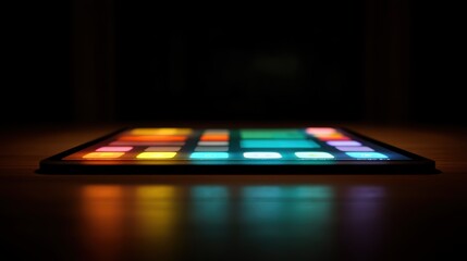 Poster - A close-up of a tablet screen glowing in the dark, displaying colorful app icons with reflections on the surface below, tablet app icons