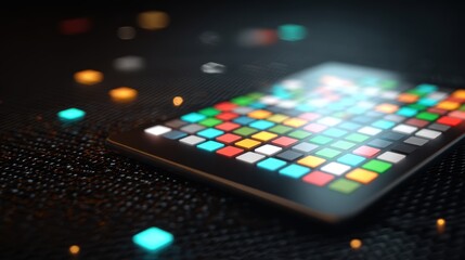 Poster - A futuristic digital interface with colorful square icons glowing on a sleek dark surface, surrounded by floating illuminated cubes, tablet app icons
