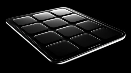 Poster - A sleek, shiny black device with 12 square pads arranged in a 3x4 grid, set against a black background, highlighting its modern and minimalistic design, tablet app icons