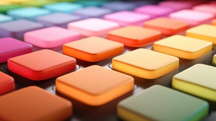 Poster - A close-up of colorful, square-shaped buttons arranged in rows, featuring a smooth matte finish with a gradient of warm and cool tones, tablet app icons