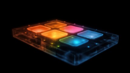 Aufkleber - Transparent digital device displaying six glowing multicolored buttons with a futuristic, tech-inspired design on a black background, tablet app icons