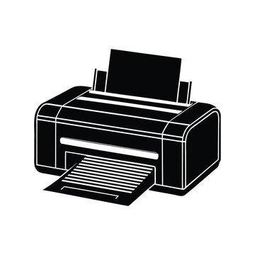 Black and white illustration of a printer with paper inside and printing