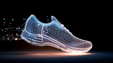 Fototapete - Futuristic Running Shoe: Digital Wireframe Sneaker in Motion