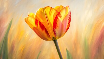 Poster - A stunning yellow and red tulip blooms against a softly painted background, evoking the beauty of a spring garden