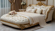 © Pande - A large, ornate bed with off-white upholstery and gold detailing in a bedroom.