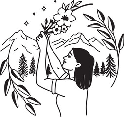 Aufkleber - Minimalist line art illustration of nature elements silhouette