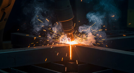 Poster - Robotic Arm Precisely Welding Metal Producing Intense Orange Sparks and White Smoke in Dark Industrial Setting