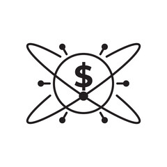 Line icon of a dollar symbol within an atomic structure, representing fintech innovation, digital finance, and technology-driven money systems. Ideal for apps, platforms, and financial startups.