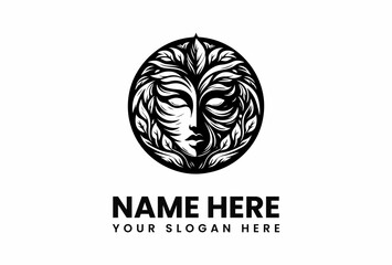 Aufkleber - Intricate Black and White Logo of a Womans Face Surrounded by Leaves.