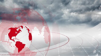 Poster - Sphere emerging left solidifying as rotating red globe, pulsing rings and grid floor text animating