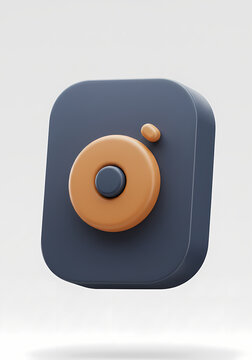 Dark Blue Camera Icon with Brown Lens Floating on White