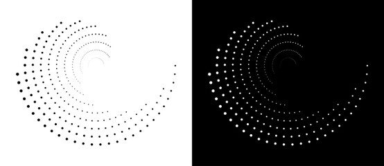 Poster - Modern abstract background. Halftone dots in circle form. Round logo, design element or icon. Vector dotted frame. A black figure on a white background and an equally white figure on the black side.