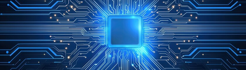 Poster - Digital Circuit Board with Microprocessor on Blue Background
