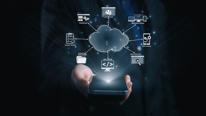 Poster - Cloud computing, cloud strategy, and cloud technology transforming digital infrastructure with scalable services, secure data storage, and cloud-based digital business solutions. Elide