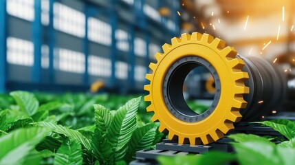 Poster - Industrial Gear Surrounded by Lush Green Leaves in Factory