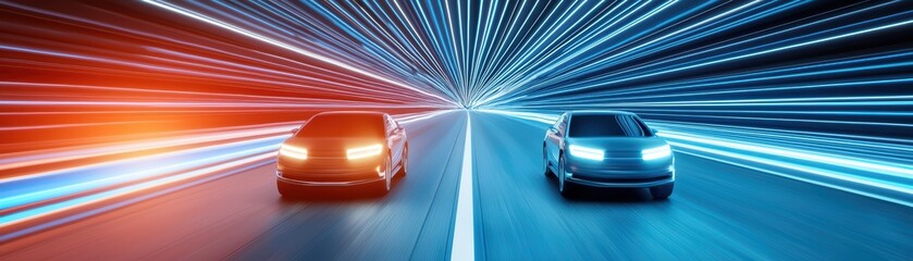 Poster - Futuristic Cars Racing Through Neon Light Trails at Night