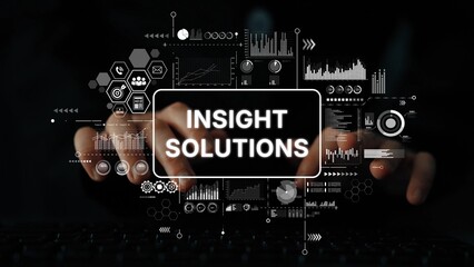 Poster - Business professional working on computer with data analytics and insight solutions on screen for strategic planning and decision making. Asymptotic smart data analytic.
