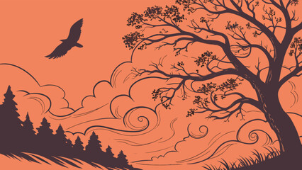 Vector landscape illustration with eagle flying over trees and clouds nature scene drawing art design