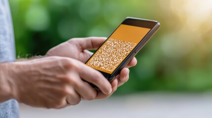 Poster - Mobile Phone Displaying QR Code in User's Hand Outdoors