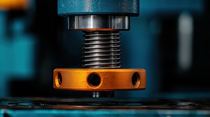 Poster - Machinery Component with Spring and Orange Part Close-Up